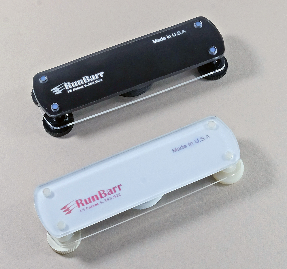 The RunBarr, patented pick depth controller, comes in black or white